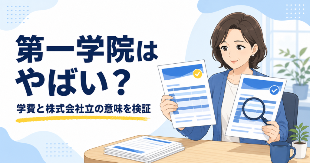 第一学院高等学校の資料を見比べる母親のイラスト