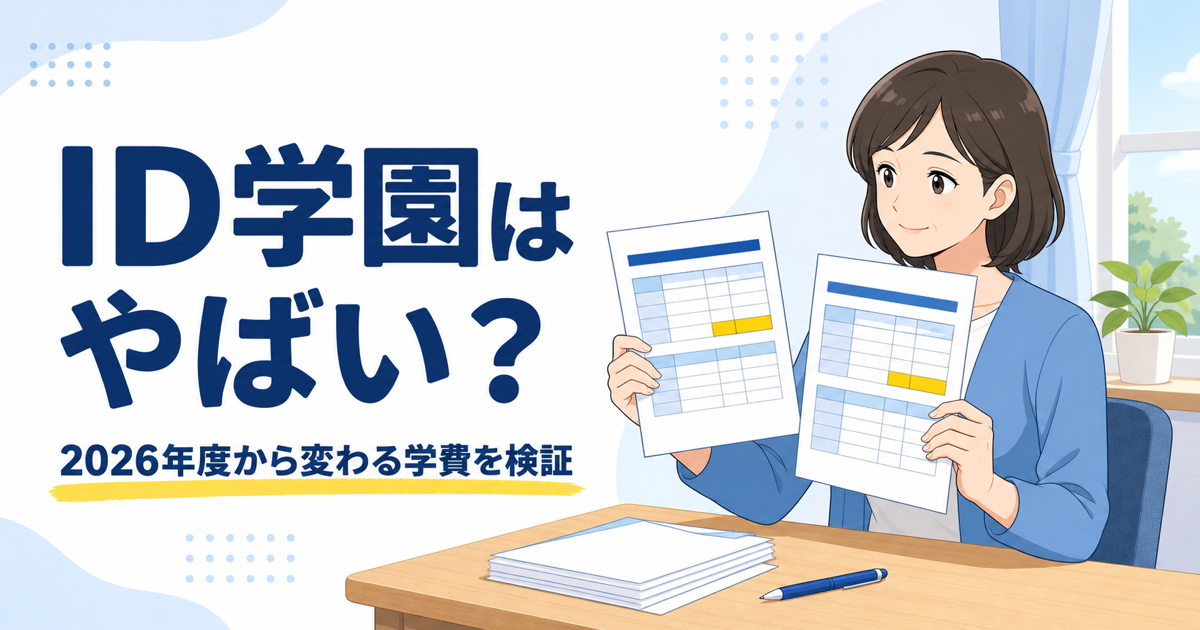 ID学園高等学校の学費を新旧の資料で見比べる母親のイラスト