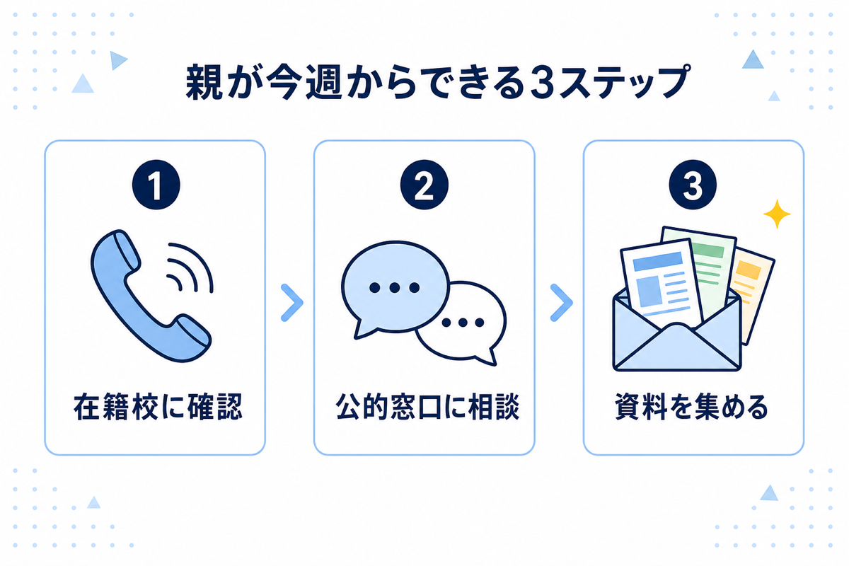 親が今週からできる3ステップの図解（1在籍校に確認・2公的窓口に相談・3資料を集める）
