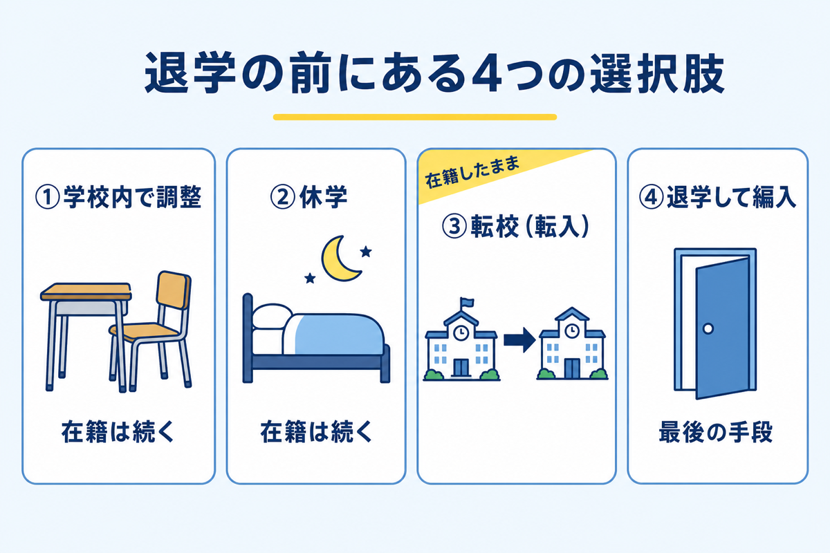 退学の前にある4つの選択肢（学校内で調整・休学・転校＝在籍したまま・退学して編入）のカード図