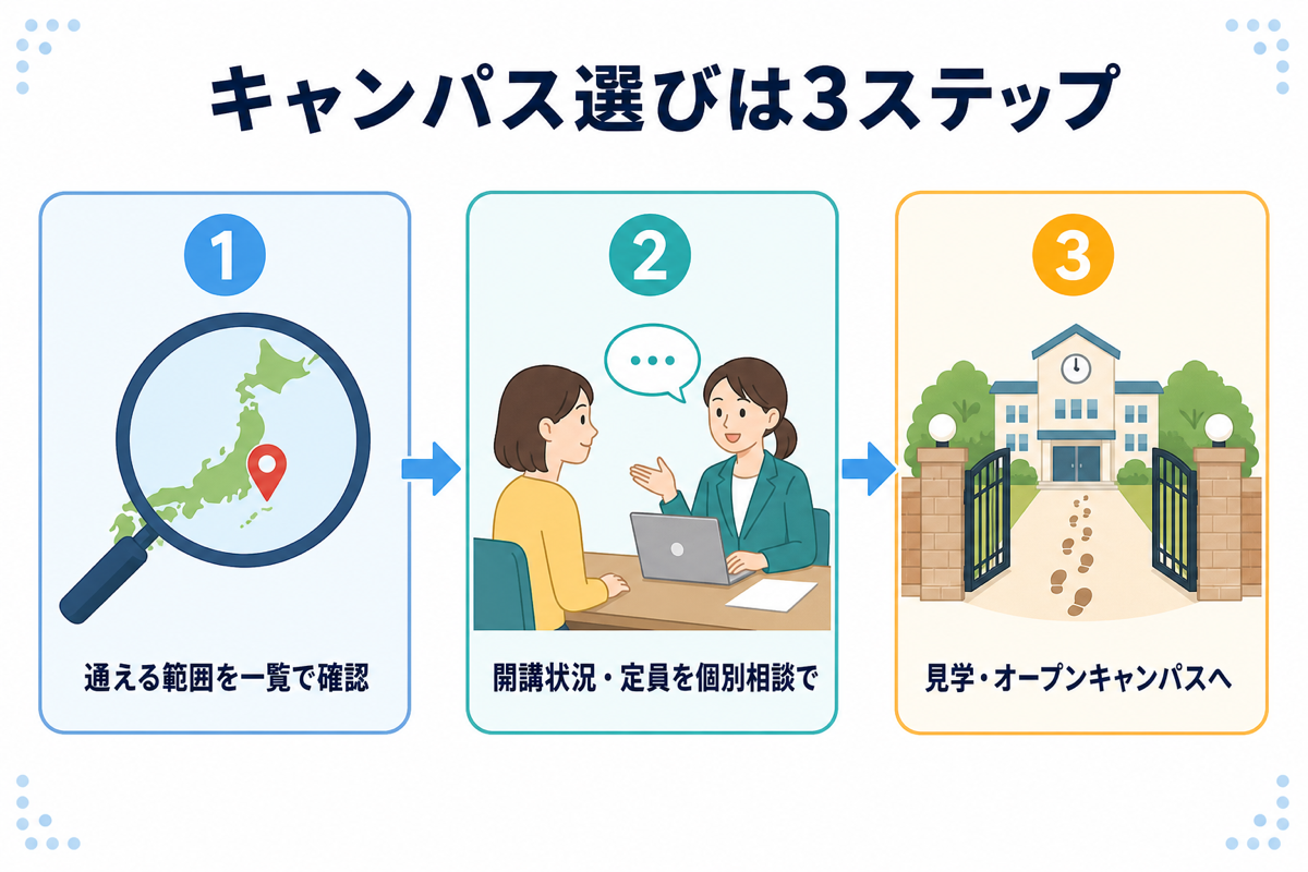キャンパス選びの3ステップ図。①通える範囲を一覧で確認②開講状況・定員を個別相談で③見学・オープンキャンパスへ