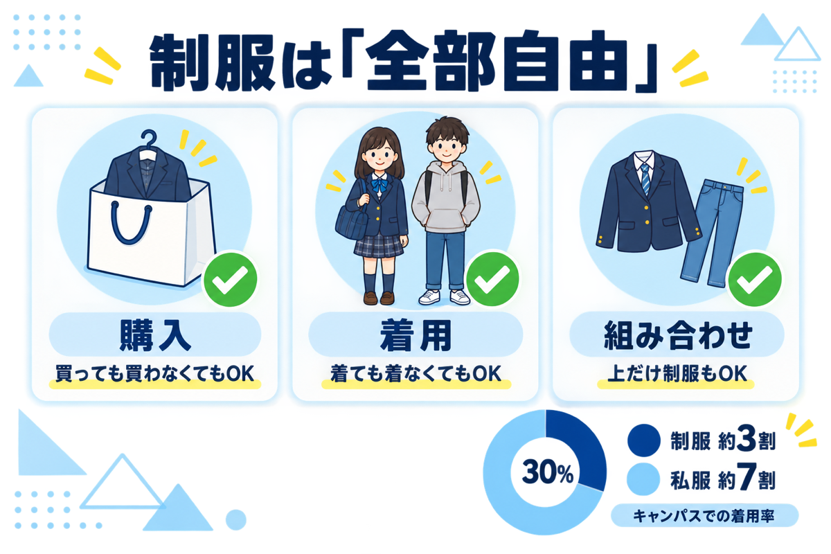 N高の制服は購入・着用・組み合わせすべて自由。キャンパスでの着用率は約3割の図解