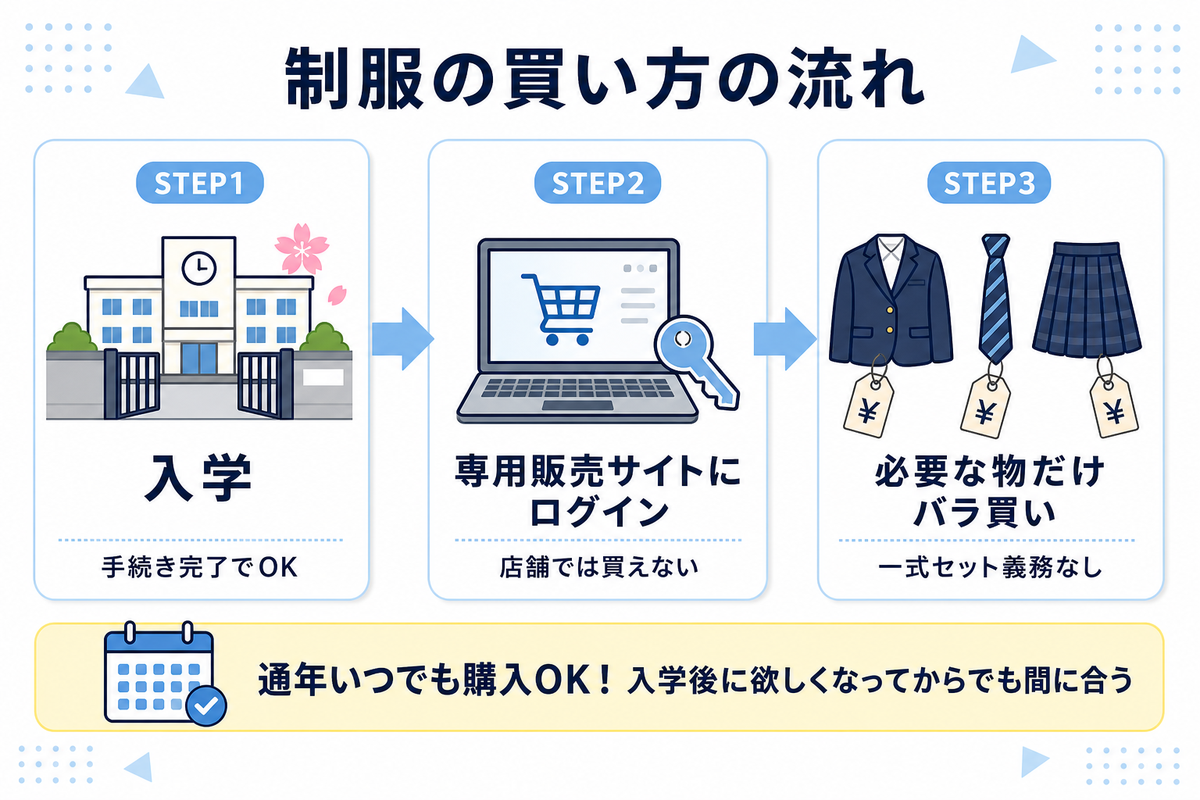 N高制服の買い方の流れ。入学後に専用販売サイトへログインし必要な物だけバラ買い。通年購入OKの図解