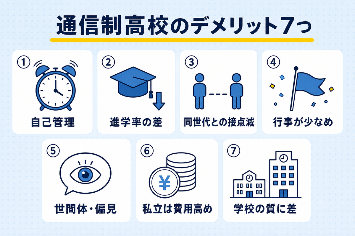 通信制高校のデメリット7つ(自己管理・進学率の差・同世代との接点減・行事が少なめ・世間体・費用・学校の質の差)の一覧図解
