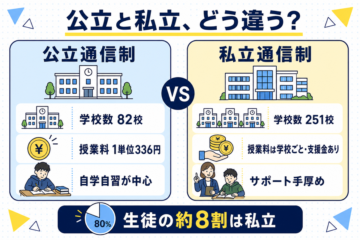 公立通信制と私立通信制の比較図。学校数は公立82校・私立251校、公立は授業料1単位336円で自学自習が中心、私立は授業料が学校ごとで就学支援金ありサポート手厚め。生徒の約8割は私立