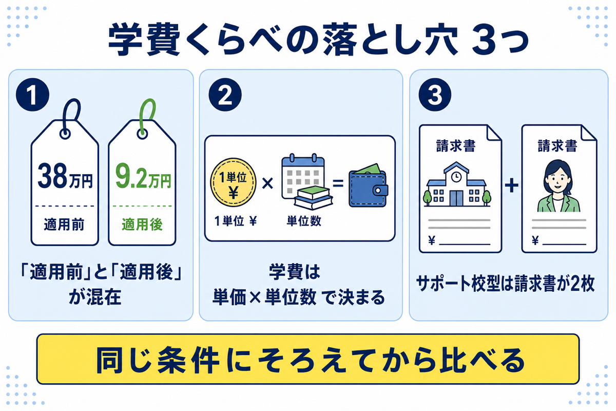 学費くらべの落とし穴3つの図解。①適用前と適用後の金額が混在②学費は単価×単位数で決まる③サポート校型は請求書が2枚。同じ条件にそろえてから比べる