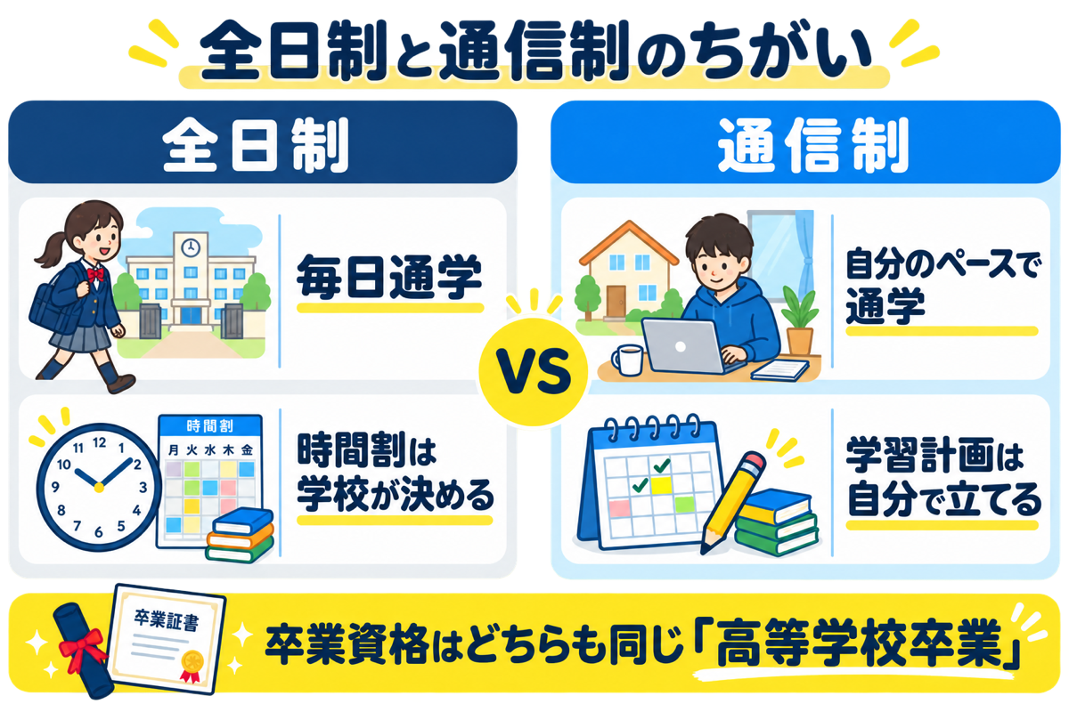 全日制と通信制のちがいの比較図解。全日制は毎日通学で時間割は学校が決める、通信制は自分のペースで通学し学習計画は自分で立てる。卒業資格はどちらも同じ「高等学校卒業」